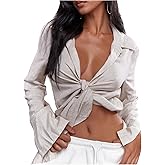 MakeMeChic Women's Long Sleeve Linen Blouse Tie Front Loose Collared Shirt Crop Tops