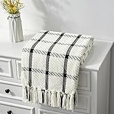 CREVENT 50"X60" Farmhouse Breathable Soft and Warm Chenille Plaid Throw Blanket for Sofa Couch Bed, Home Decoration Throw with Tassles (Black & White)