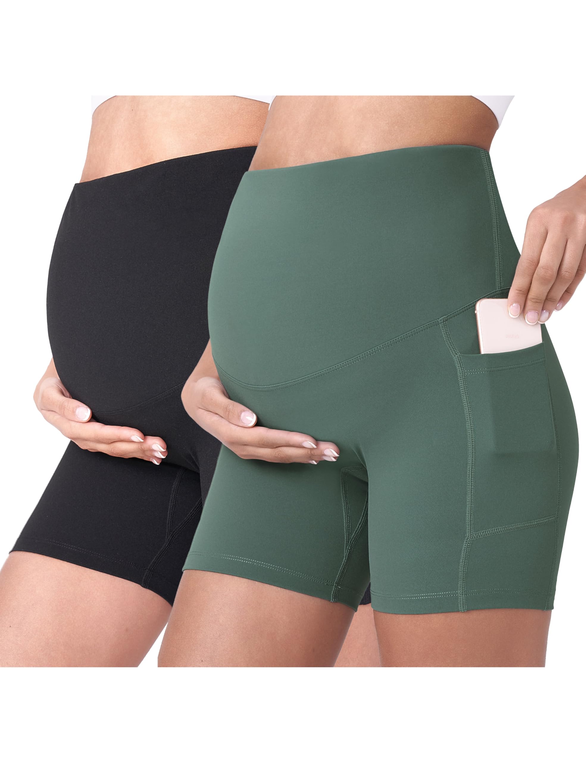 POSHDIVAH 2PCS Black Crab Green Women's Maternity Yoga Shorts Over The Belly Bump Summer Workout Running Active Short Pants with Pockets 5" X-Large Image