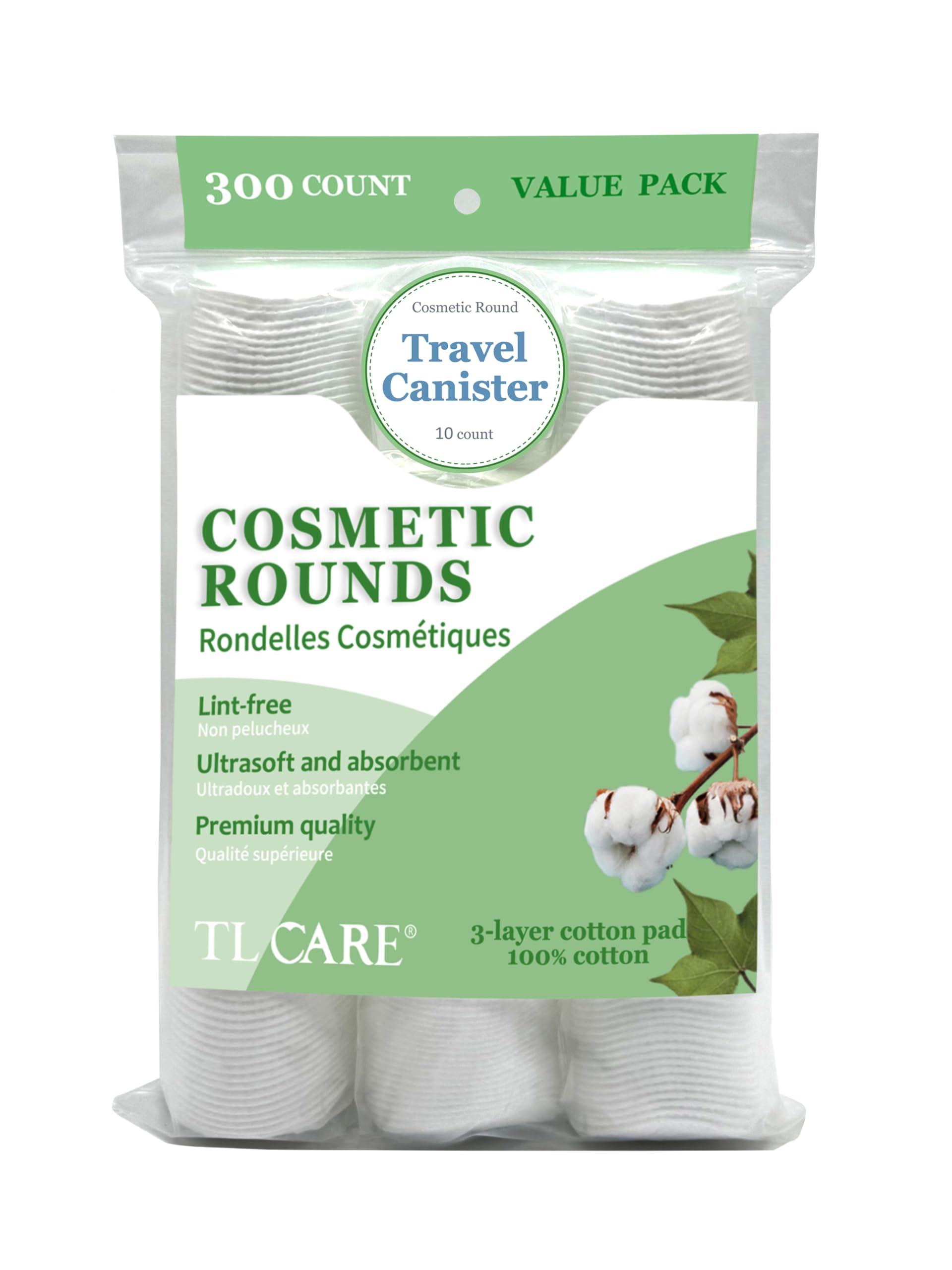 TL Care Cotton Rounds (300 Count) with Travel Canister - Lint-Free, Ultra Soft & Absorbent 3-Layer Cotton Pads for Face and Makeup Removal