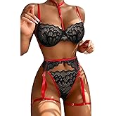 Lilosy Sexy Choker Floral Lace Scallop Sheer Underwire Push Up Garter Belt Lingerie Set 3 Piece