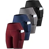 CHRLEISURE Womens Biker Yoga Shorts with Pockets: High Waisted Tummy Control Spandex Workout Athletic Gym Shorts 4 Packs