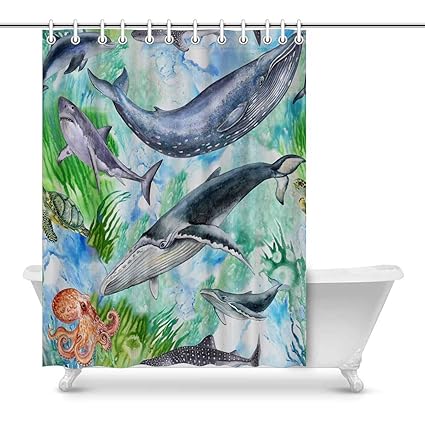 Blue And Green Shark Shower Curtain Waterproof Polyester Size