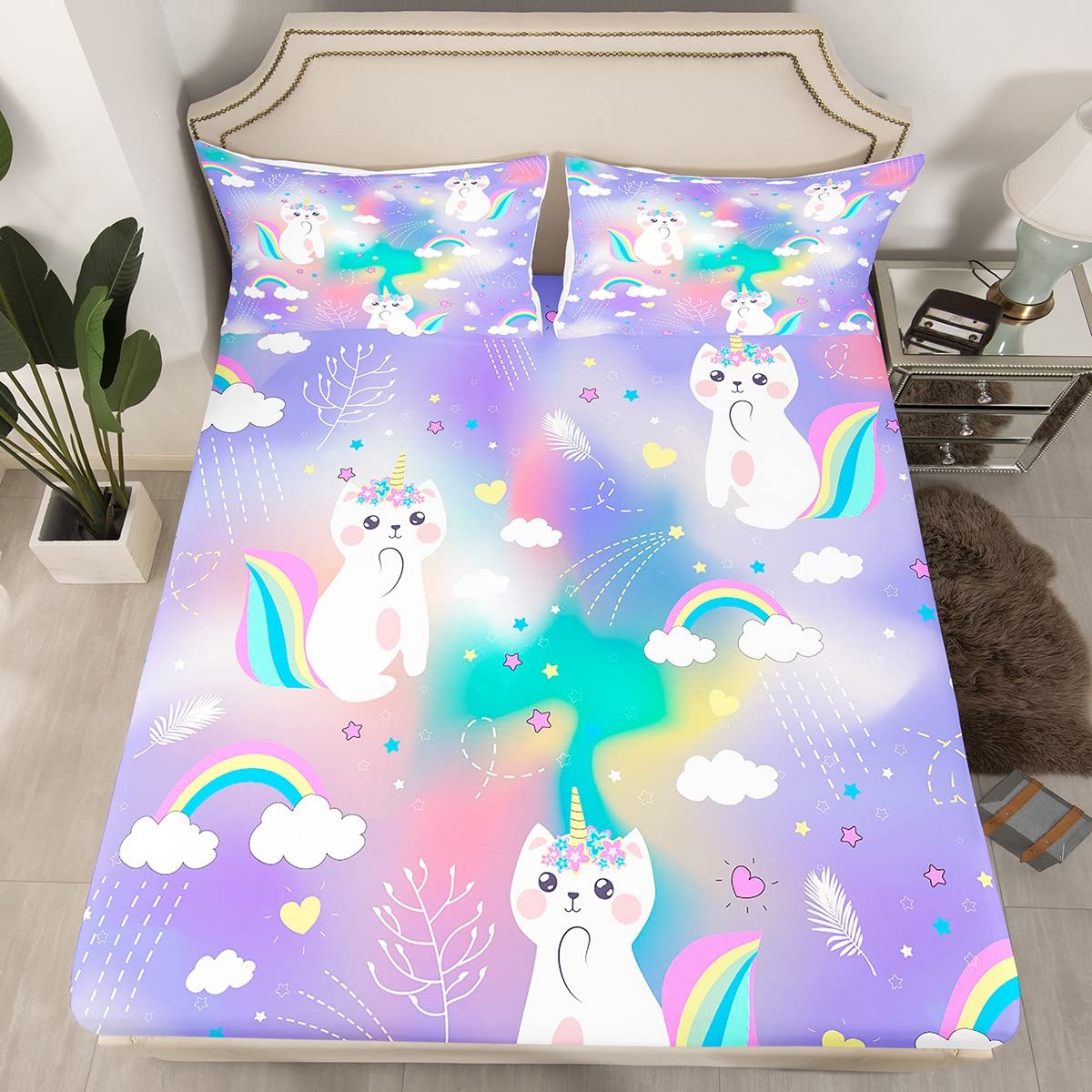 Kitten Unicorn Fitted Sheet Single Size, Kawaii Cat Unicorn Bed Cover with 1 Pillowcase, Rainbow Clouds Stars Hearts Bedding Set 2pcs for Kids Boy Girls, Soft Polyester Bedding