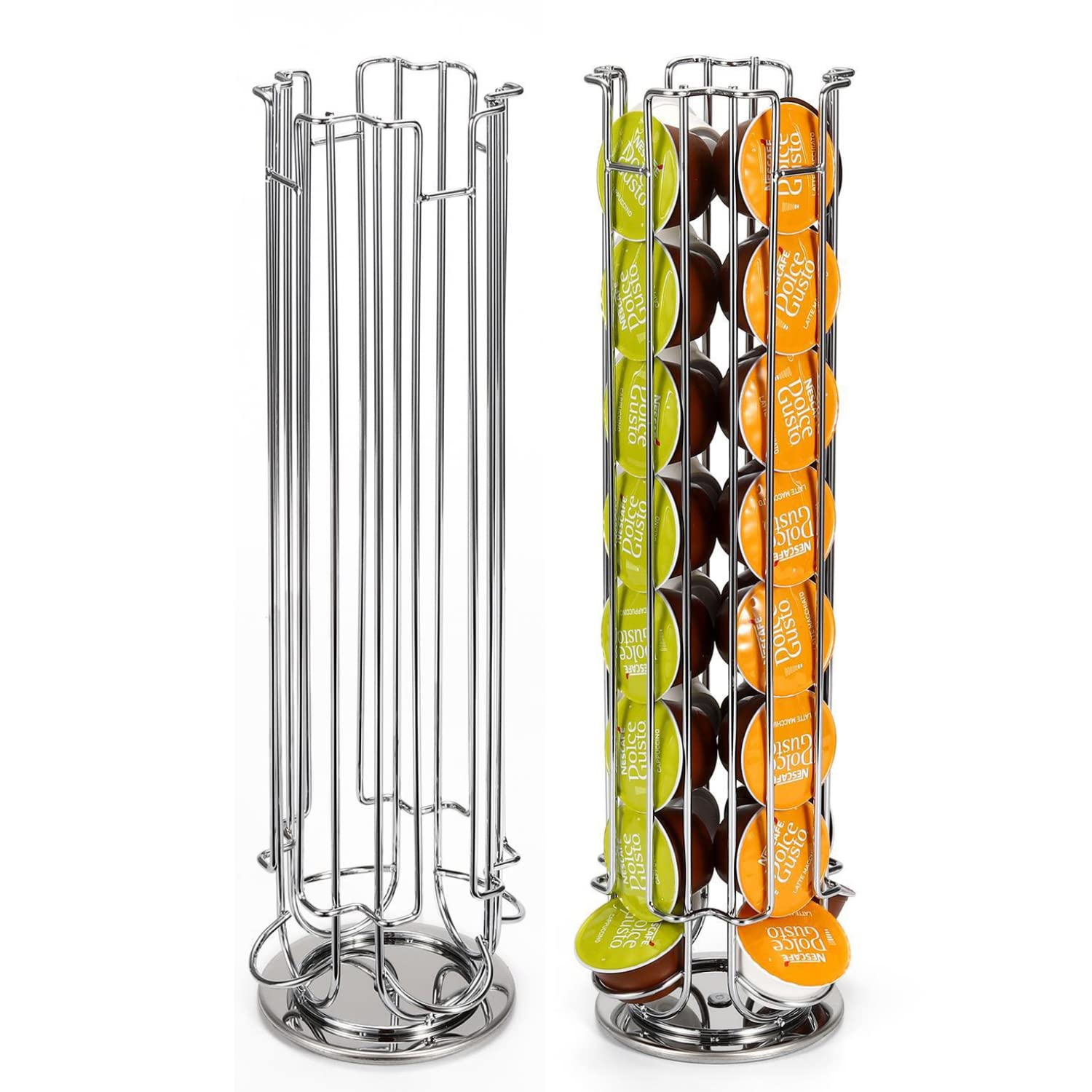 Vinsani 32 Coffee Pod Holder - 360° Rotating Tower Coffee Pods Storage Rack Stand Suitable for Dolce Gusto Coffee Capsules – Non-Slip Surface (Chrome)