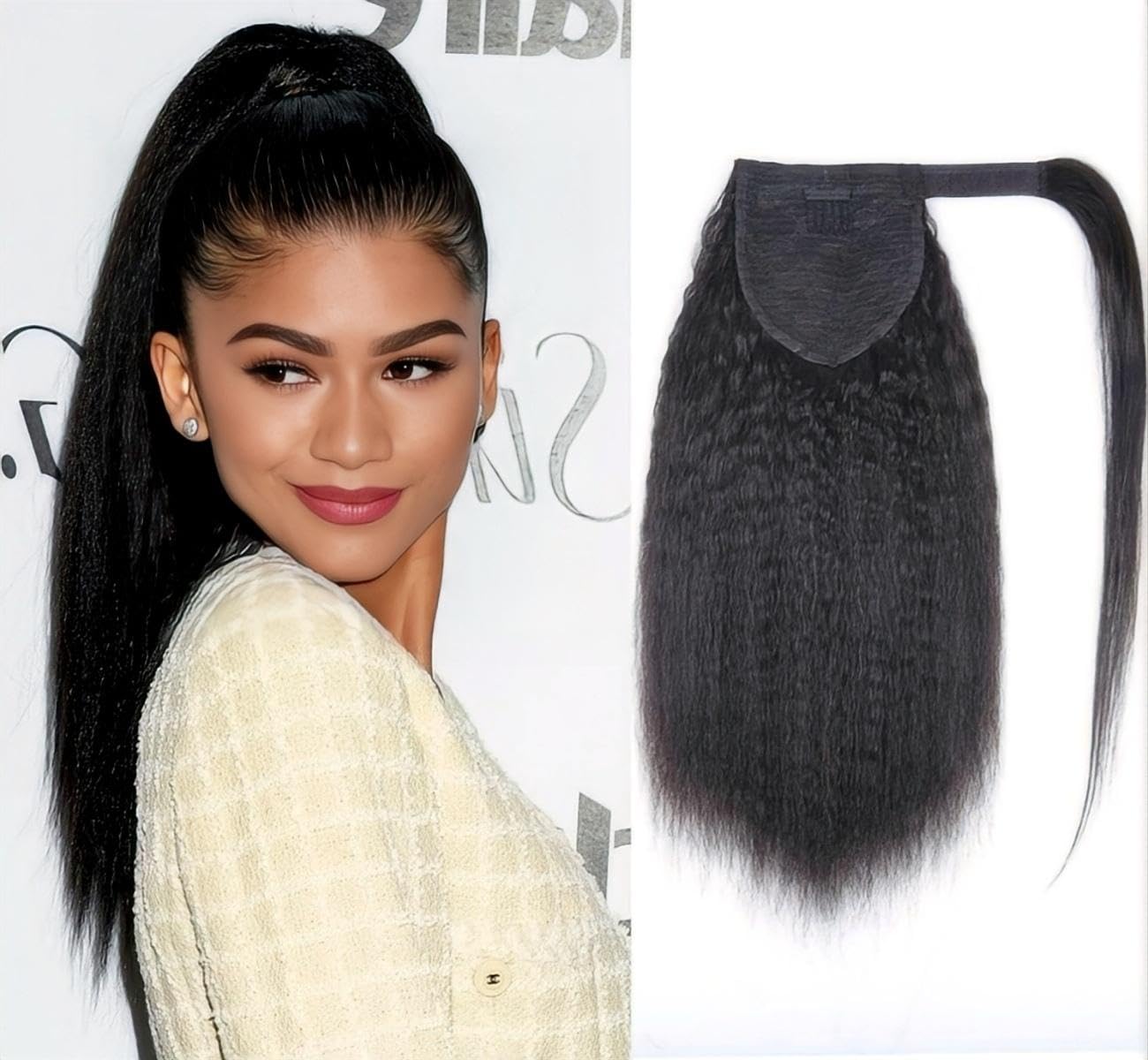 Sexycat Yaki Straight Ponytail Extension Human Hair 22 Inch 120g, Wrap Around Real Kinky Straight Clip in Human Hair Ponytail for Instant Volume & Length, #1B Natural Black