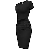 Laughido Women's Short Sleeve Ruched Bodycon Sundress Knee Length T Shirt Dresses 2025 Trendy Casual Outfits