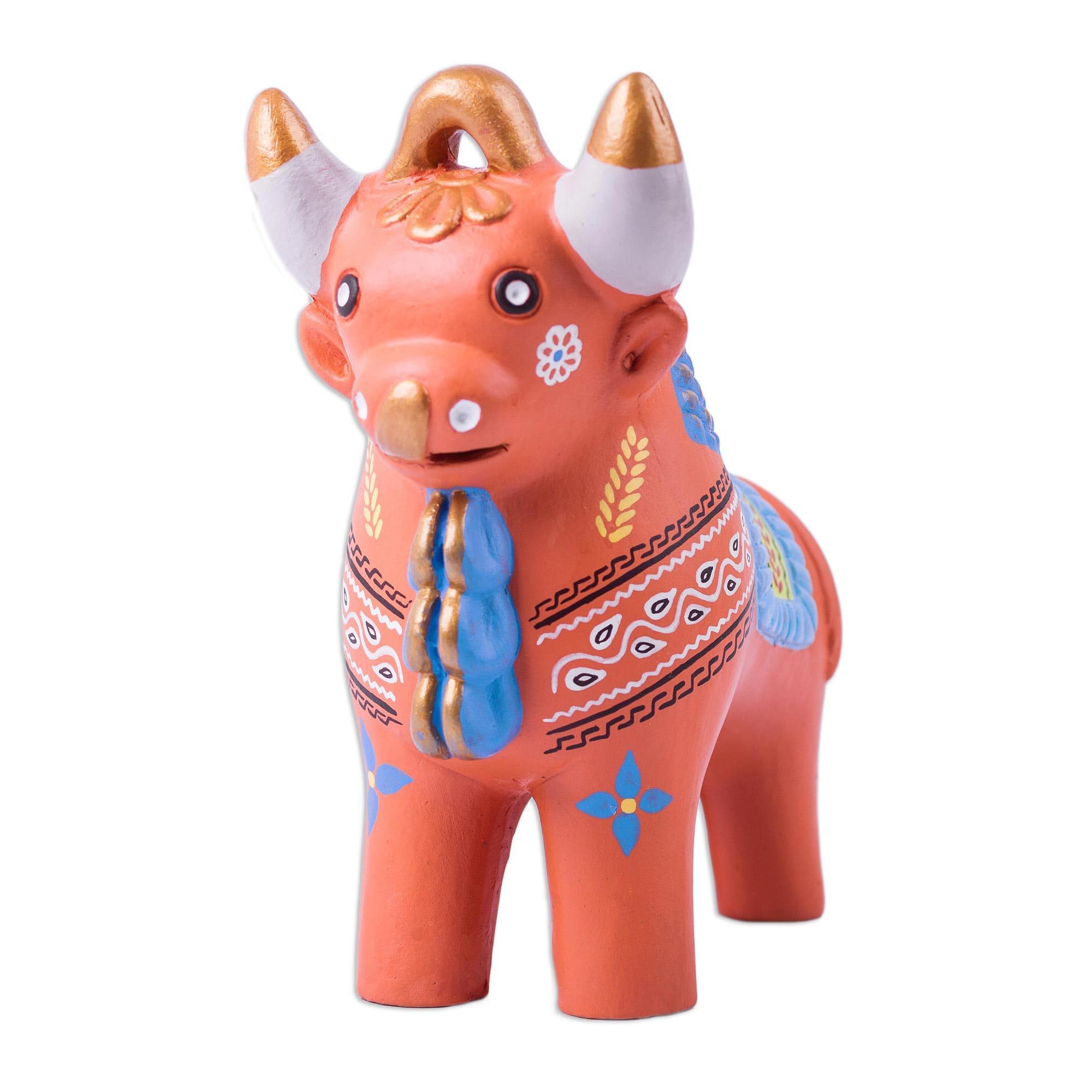 NOVICA Coral Pink And Gold Hand Painted Ceramic Bull Statuette, Festive Pucara Bull'