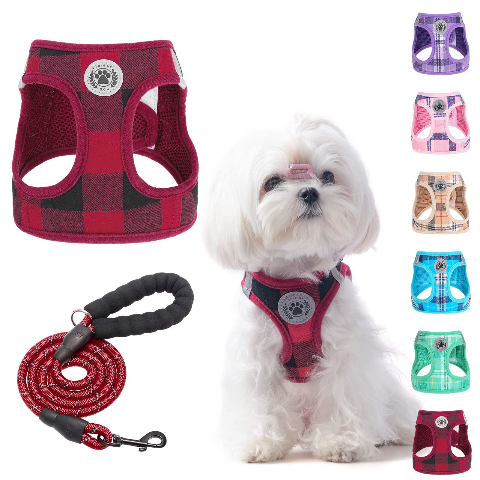 BEAUTYZOO Small Dog Harness and Leash Set,Step in No Chock No Pull Soft Mesh Dog Harnesses Reflective for Extra-Small/Small Medium Puppy Dogs and Cats, Plaid Dog Vest Harness for XS S Pets, Red — image 1