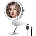 Makeup Mirror with Light, 1X 10X Magnifying Mirror with Lights, 8 inch Rechargeable Lighted Vanity Mirror, Double Sided 360° Rotation, 3 Colors and Brightness Adjustable Cosmetic Light up Mirror