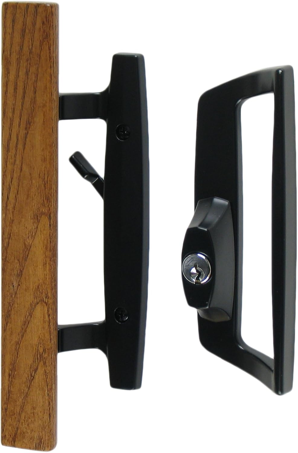 Bali Nai Sliding Glass Door Handle and Mortise Lock Set with Oak Wood Pull in Black Finish, Includes Key Cylinder, Standard 3-15/16” CTC Screw Holes, 1-3/4