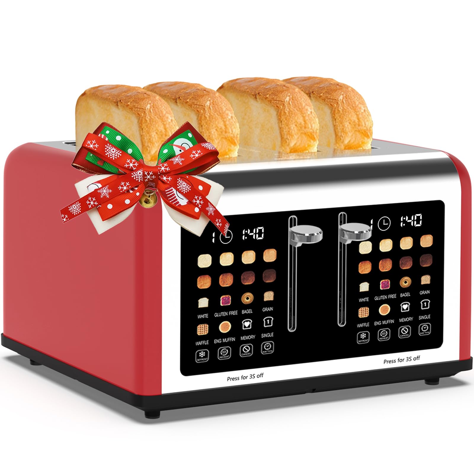 Photo 1 of 4 Slice Toaster Touch Screen, Stainless Steel Toasters Digital Timer, Dual Control Panel Toasters, 8 Shade Settings 6 Bread Types for Bagel, Cancel, Defrost 1650W Red