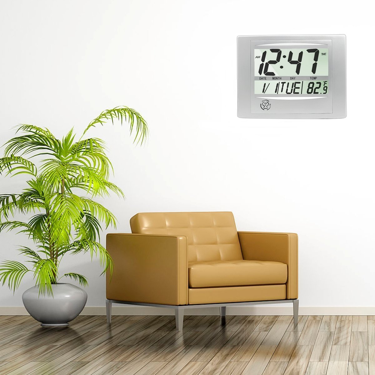 Digital Wall Clock, HeQiao Decorative 12 Inch Desk Shelf Clocks Silent Battery Operated Large LCD Display Temperature Calendar Day Snooze Alarm Clock for Home Office (Luxury Silver)