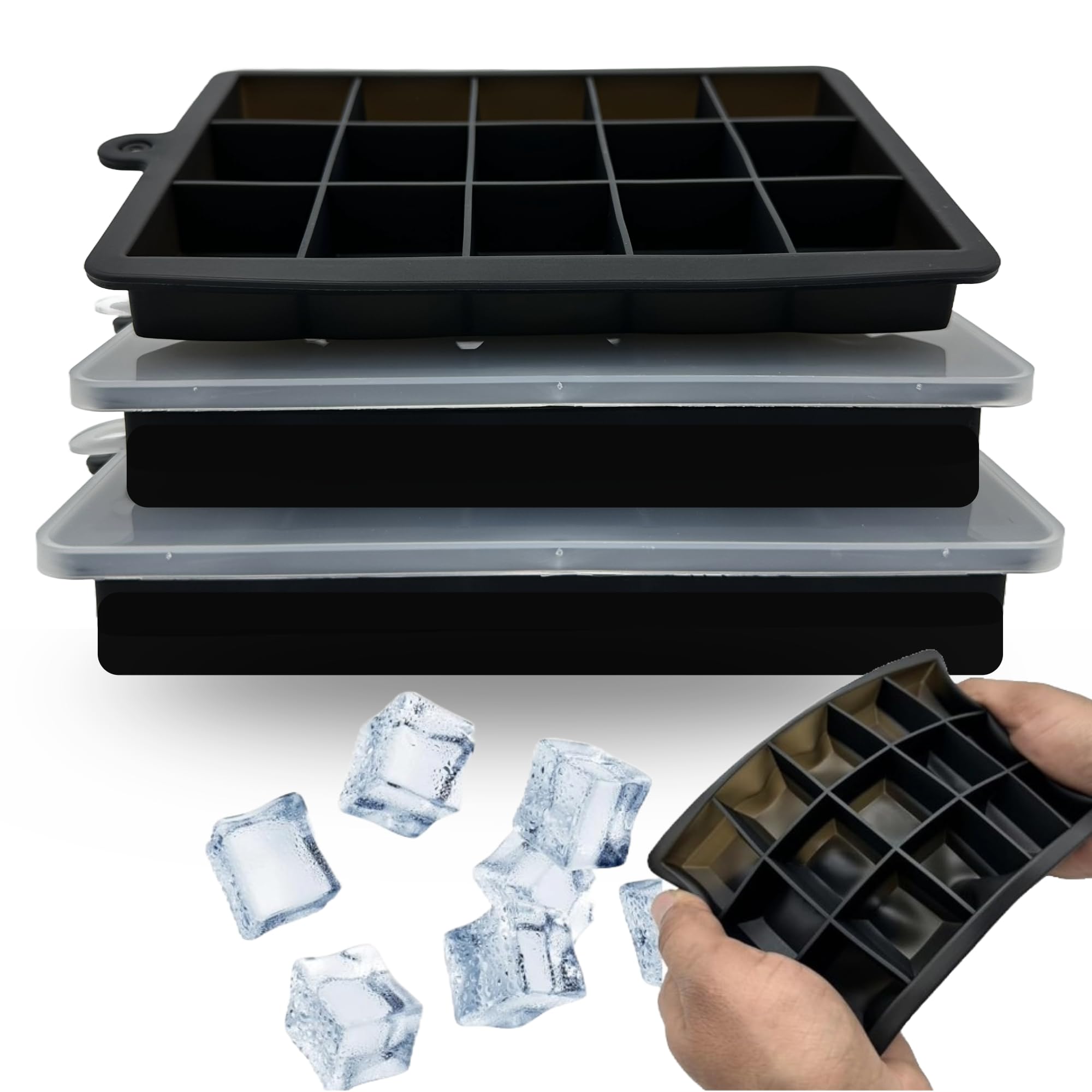 TIJAR® Ice Cube Tray 3 Sets with Lids, 15 Large Square Cubes, Soft Silicone Ice Moulds, Popup Ice Trays, for Drinks and Desserts, Easy Removal (Black, 3 Packs) — image 1