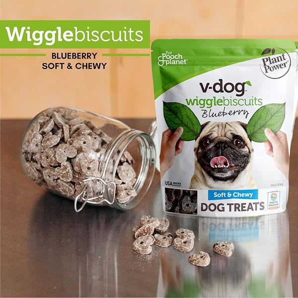 V-DOG VEGAN SOFT AND CHEWY WIGGLE DOG BISCUITS – DOG TRAINING TREATS – SMALL, MEDIUM AND LARGE BREEDS – NATURAL BLUEBERRY FLAVOR SUPERFOODS – 10 OUNCE – ALL NATURAL – MADE IN THE USA