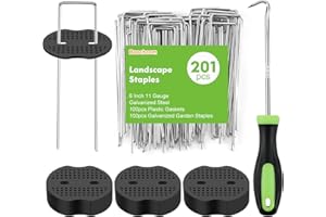 201Pcs Garden Staples Kit,100Pcs 6 Inch Anti-Rust U-Shaped Landscape Stakes with 100Pcs Fixing Gasket and 1Pcs Pick Hook,Yard