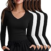 Oakgarden 5 Pack Women's Long Sleeve Under Scrubs V Neck Fitted Undershirts Basic Layering Tops for Nurse