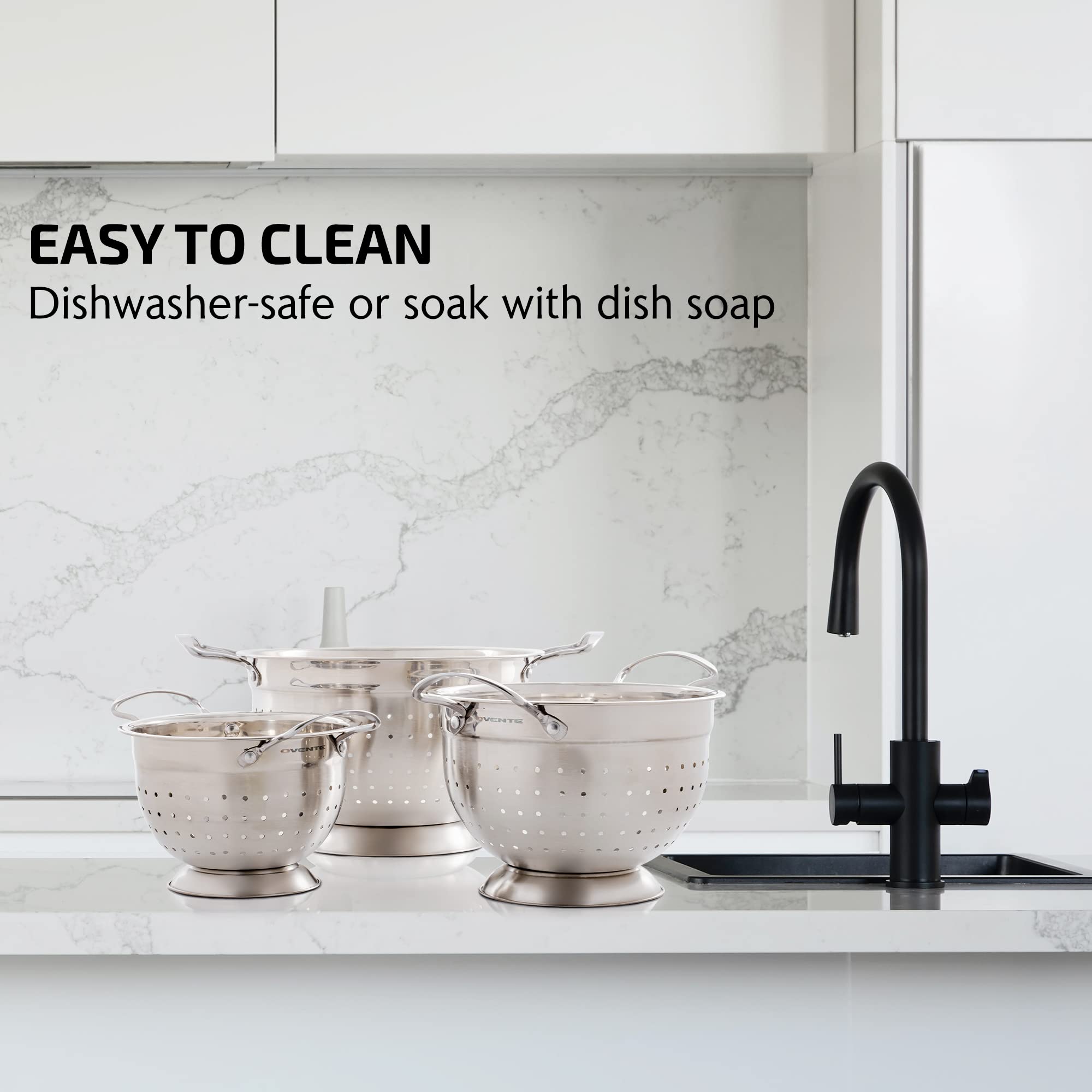 OVENTE Premium Stainless Steel Colander Set of 3 with Comfortable Large Handles, 1.5, 3, 5 Quarts Essential Kitchen Strainer for Draining Spaghetti Pasta, Rinsing Vegetables or Fruits, Silver C46263S