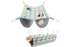 BESNEW Enlarged Ferret Rat Hammock Set,2 Holes Waterproof Guinea Pig Hammock,Cute Guinea Pig Printed Toys Hanging Tunnels and Tubes Soft Hiding Playing Sleeping