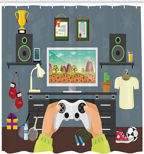 Amazon Com Lunarable Gamer Shower Curtain Gaming Guy In His Flat