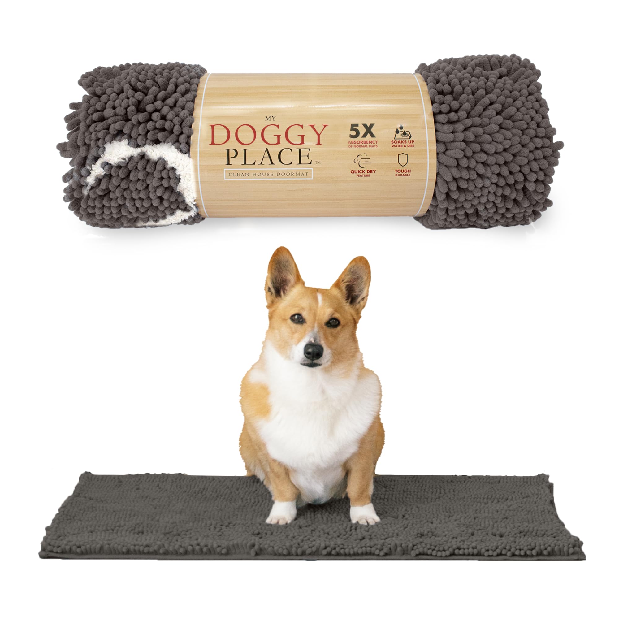 My Doggy Place - Ultra Absorbent Microfiber Dog Door Mat, Durable, Quick Drying, Washable, Prevent Mud Dirt, Keep Your House Clean (Ash w/Paw Print, Medium) - 31 x 20 inch