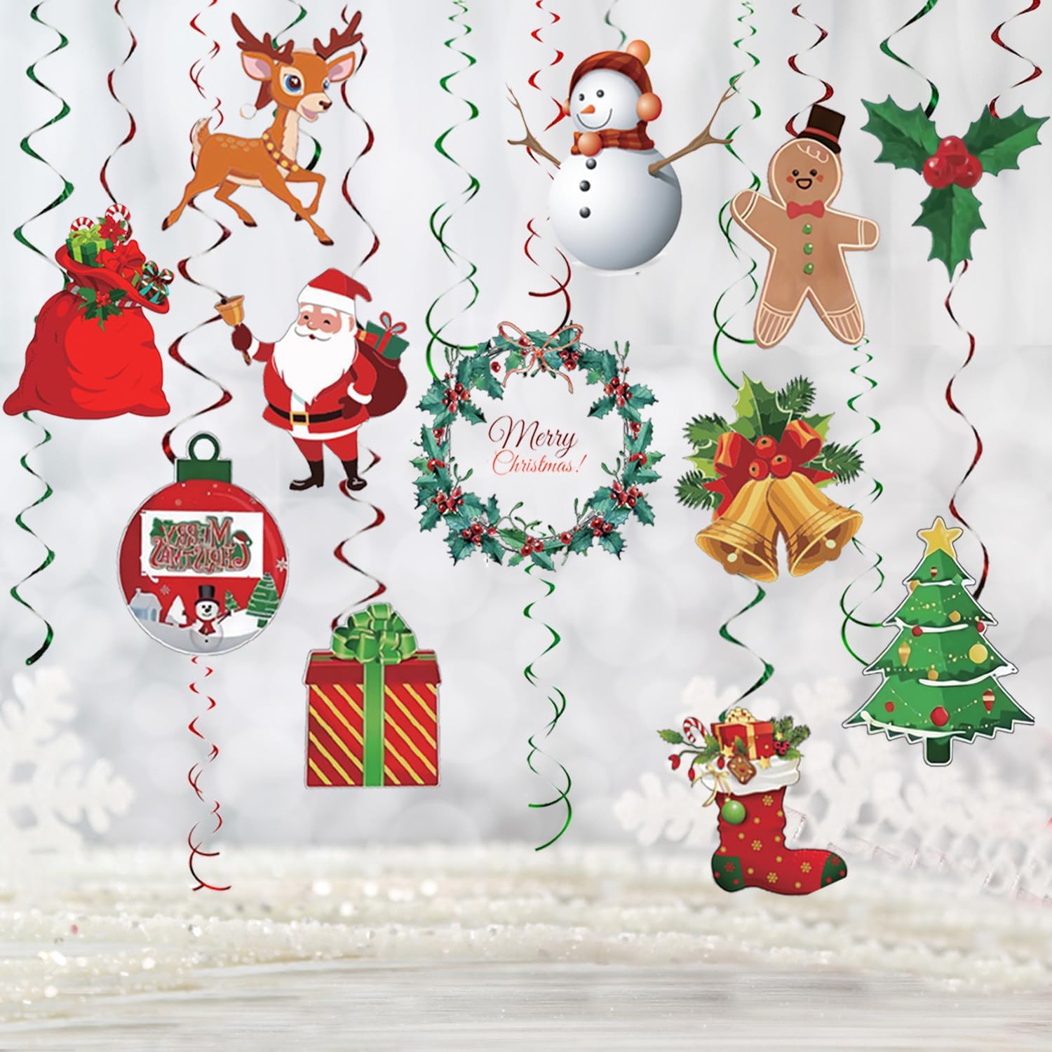 24 PCS Christmas Hanging Foil Swirl Decorations Set, Christmas Santa Claus Elk Sign, Xmas Hanging Swirls Ceiling Decorations for Indoor Outdoor Happy Christmas Holiday Party Decoration Supplies