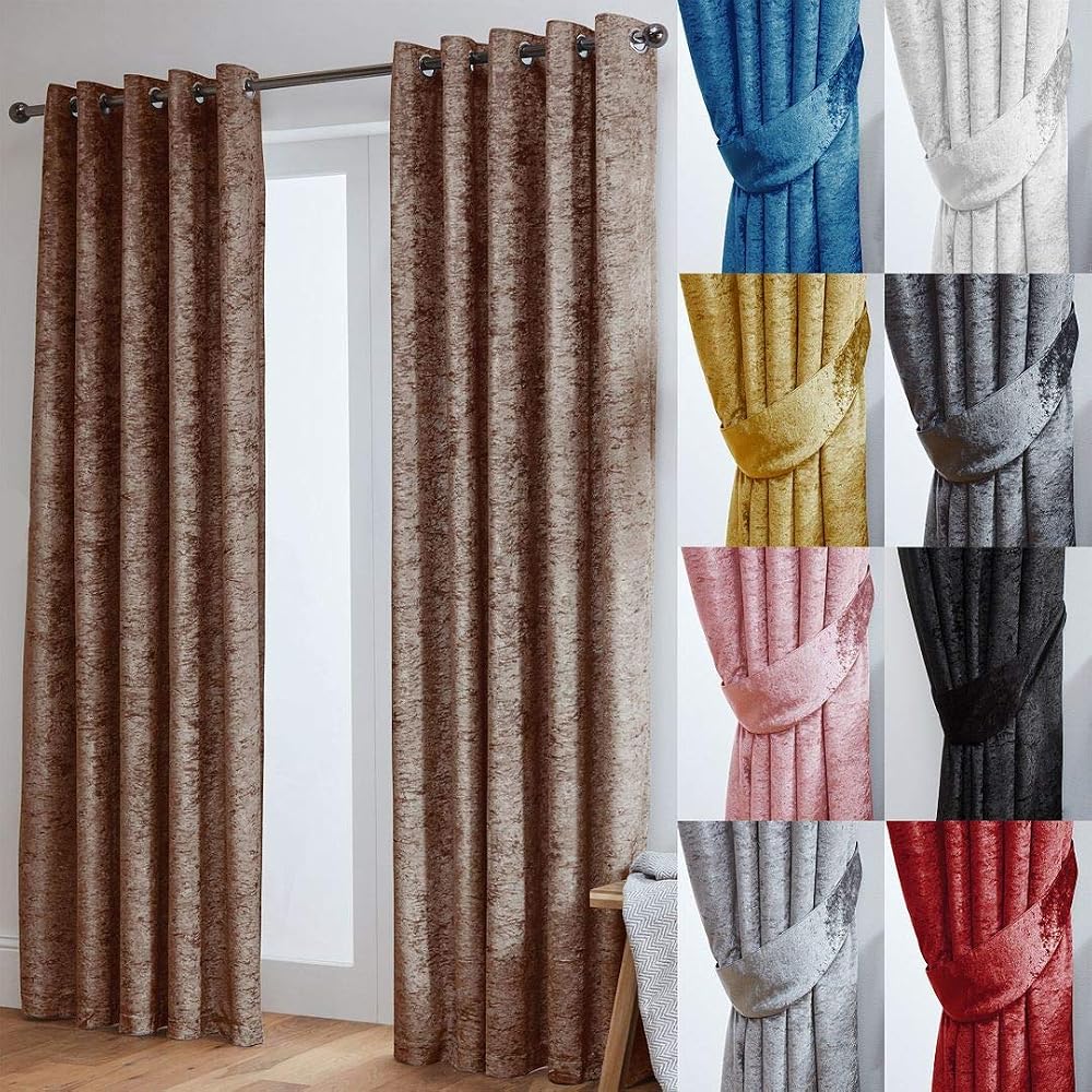 John Aird Crushed Velvet Eyelet Curtains Mocha 90x90 Pair