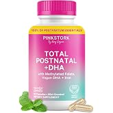 Pink Stork Total Postnatal + DHA with Iron, 60 Capsules, Mint | Clean Label Award Winner, Vegan Algae DHA, No Fishy Burps, Methylated Folate, Breastfeeding Support + Postpartum Vitamins