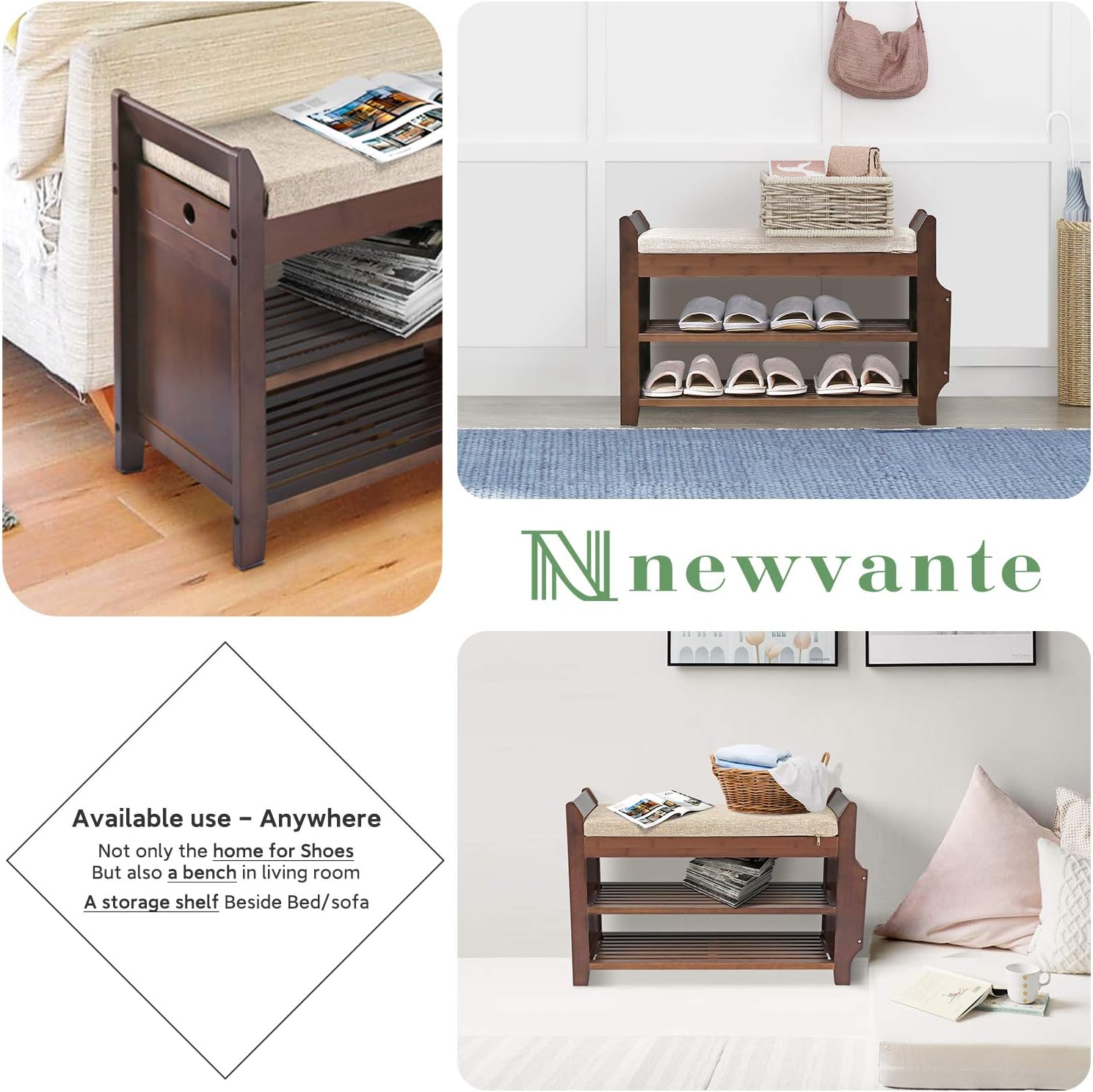 Shoe Bench Rack Nnewvante Shoe Organizer with Storage Basket Side Drawer Bamboo Removable Padded Cushion Seat for Entryway Hallway Living Room Bathroom-29.5in: Kitchen & Dining