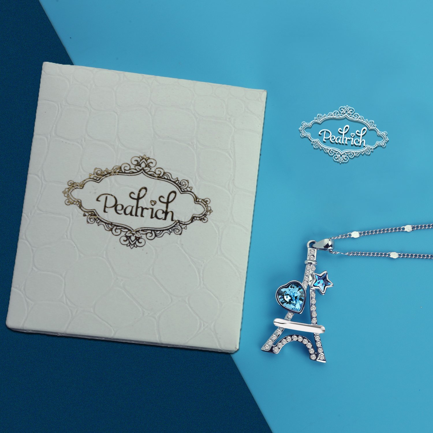 Pealrich “ Eiffel Tower” Style Fashion Jewelry Pendant Love Necklace with Swarovski Crystal,Best Gifts for Women and Girls (Blue)
