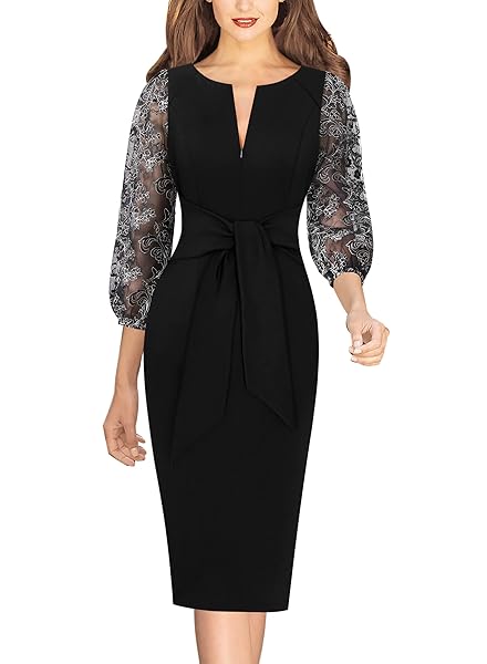 VFSHOW WOMENS BLACK FLORAL EMBROIDERY COCKTAIL EVENING BISHOP SLEEVE TIE WAIST SLIM FRONT ZIPPER PARTY BODYCON PENCIL SHEATH DRESS 8680 BLK S