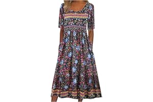 TWRWX Casual Dresses for Women Boho Floral Flowy A Line Dress Summer Short Sleeve Dress Beach Vacation Dresses with Pockets