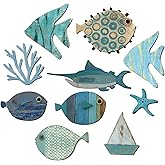 Yuntau 10 Pcs Fish Wall Decor Wood School of Fish Wall Decor Beach Theme Bathroom Decor Wooden Nautical Coastal Pictures Home Hanging Wall Art Gifts, Not 3D Pattern