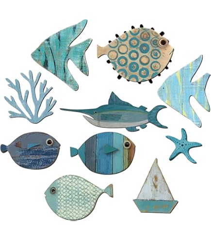 Différentes décorations murales poisson bois flotté et coquillages - Décoration