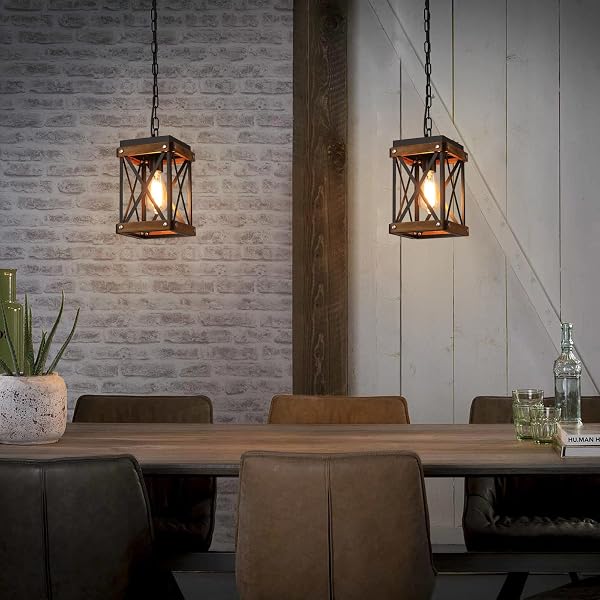 2 PACK RUSTIC FARMHOUSE WOOD PENDANT LIGHT FIXTURE ONE-LIGHT ADJUSTABLE CHAIN OAK WOOD AND METAL LANTERN CAGE SMALL PENDANT LIGHTING FOR KITCHEN ISLAND SINK HALLWAY FARMHOUSE BATHROOM BAR, BLACK