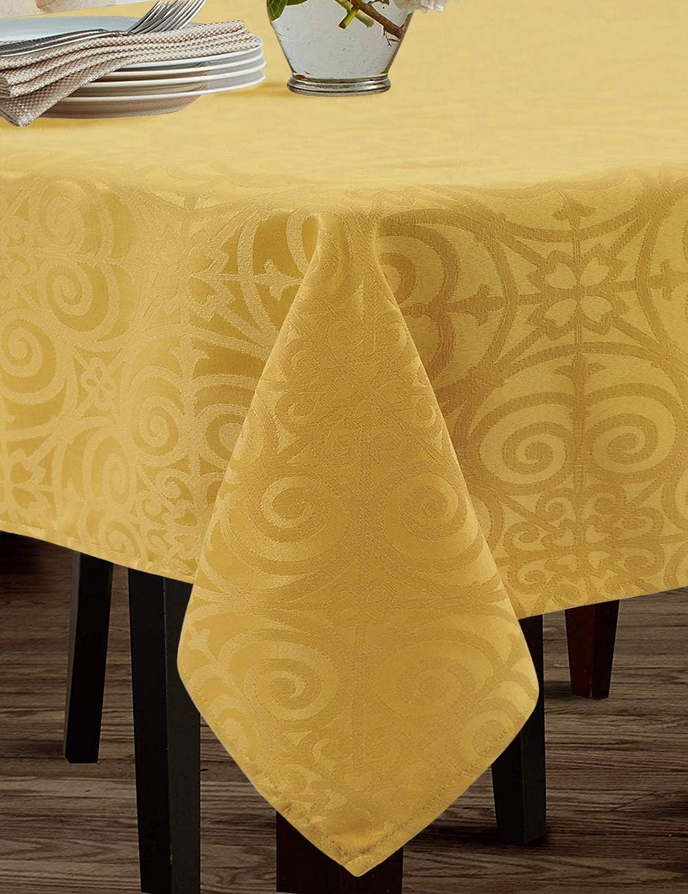 Ironworks Scroll Damask Table Cloth Waterproof Heavyweight Fabric Dust-Proof Table Cover for Kitchen Dinning Tabletop Decor, Luxury Rectangle Tablecloth for Wedding Banquet, Honey Yellow 60x104 Inch