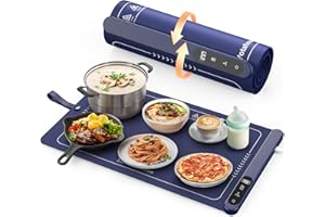 Potahouse® Warming Mat for Food, Graphene Full-Surface Fast Heating, Electric Warming Tray with 6 Temp & Timer Settings, Rollable & Portable Silicone Food Warmer for Parties, Home and Travel, Blue