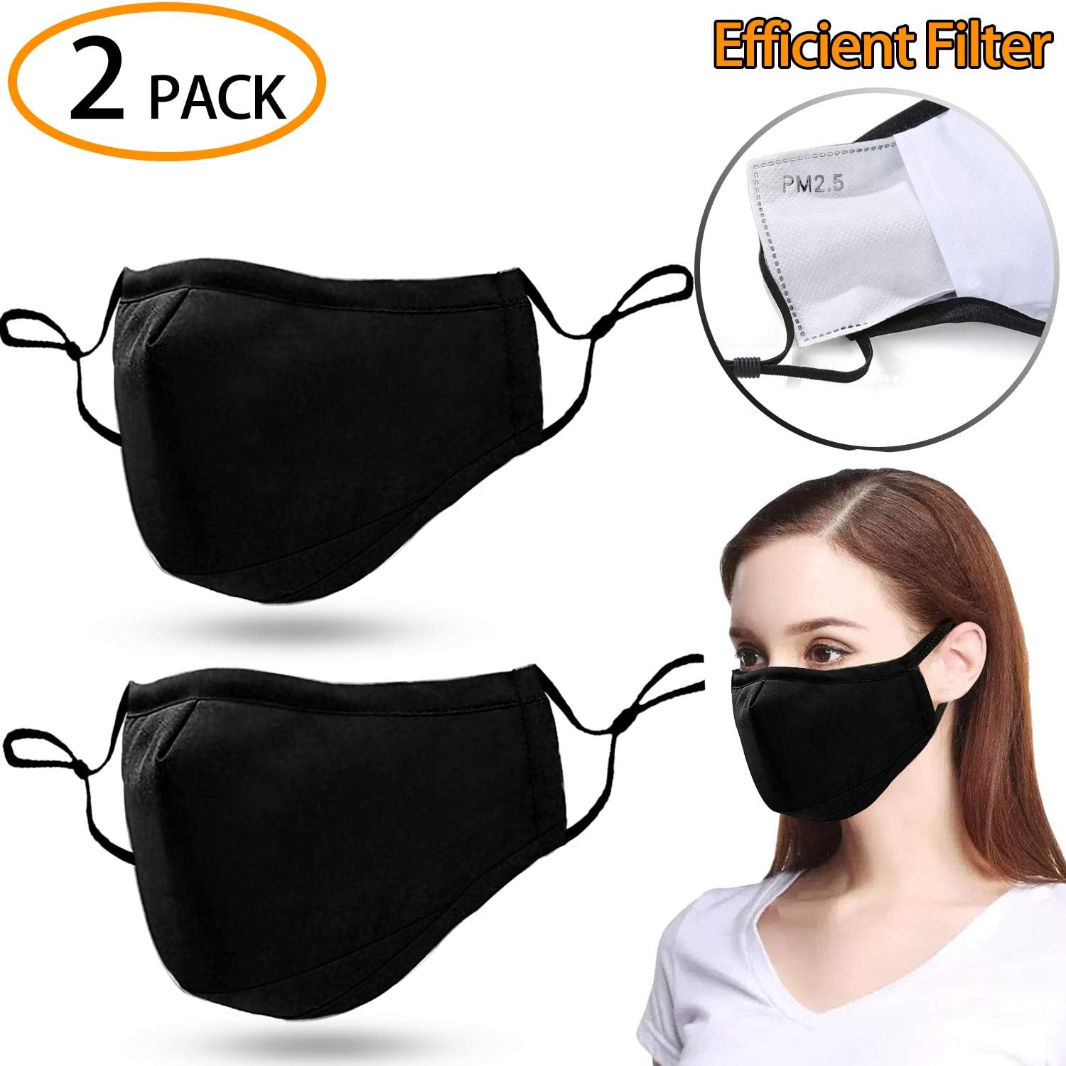 Uniyou Cotton Masks Reusable and Washable Mask with 4 Activated Carbon Filters for Sand-proof Pollen Pet Dander, Tiny Particles and Other Airborne Irritants(2 Pack, Black)