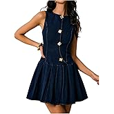 MakeMeChic Women's Denim Mini Dress Sleeveless A line Pleated Hem Metal Botton Short Dress