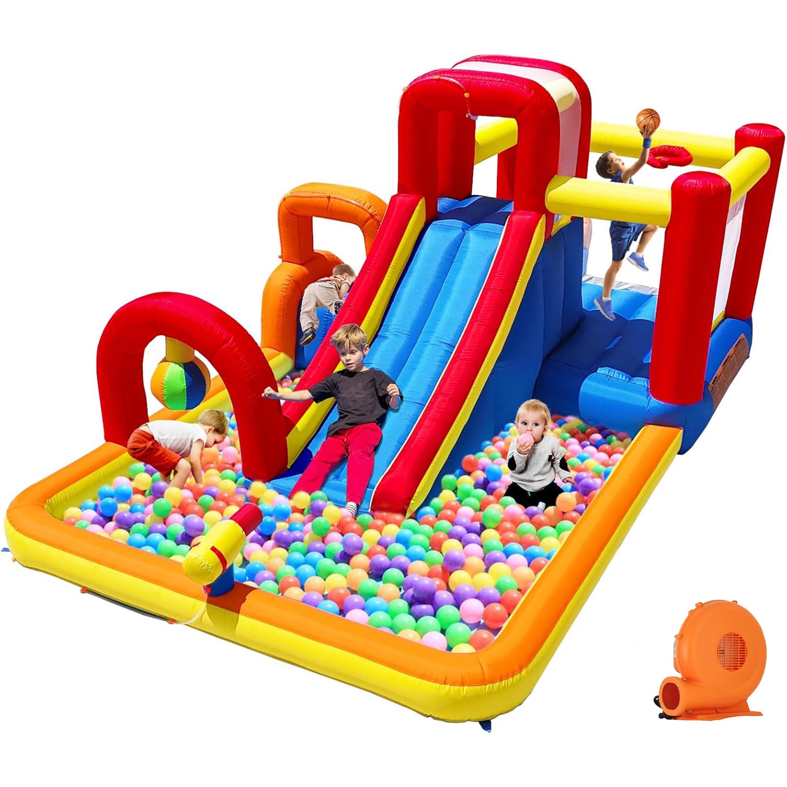 Photo 1 of Hongcoral Inflatable Bounce House Obstacle Course with Wet or Dry Slide, Ball Pool, Climbing Wall, Boxing Ball, Small Climb&Slide – Backyard & Indoor Bouncy Castle for Kids 3-8