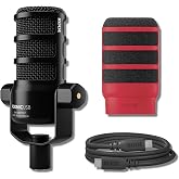 Rode PodMic USB Dynamic Broadcast Microphone Bundle with WS14 Red Pop Filter &mdash; XLR and USB-C Studio Mic with Aphex DSP for Podcasting, Voice Over, Broadcasting, Audiobook Recording