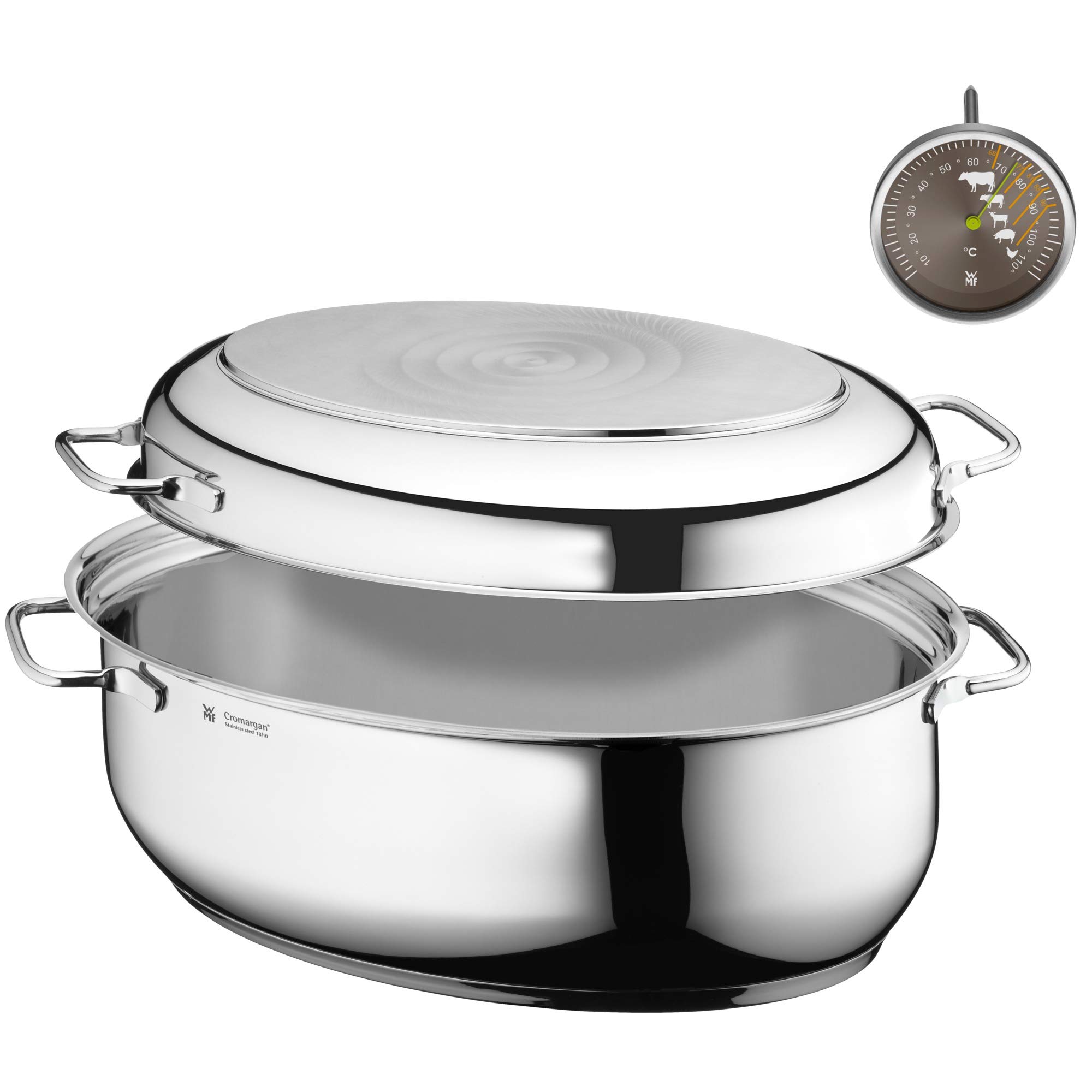 WMF roaster with lid, oven-safe, 8.5 l, induction roaster, Cromargan stainless steel, induction lid, roasting thermometer, 41x28x18.5 cm — image 1