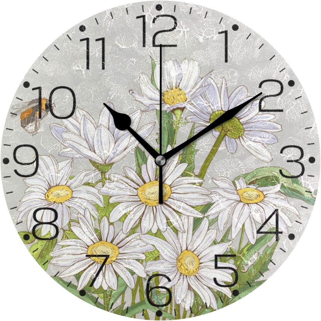 ZZAEO Watercolor White Daisies Flowers Bee Wall Clock Fashion Frameless Decorative Clock for Kitchen Bedroom Living Room Classroom Home Decor - Round Shape