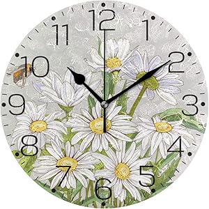 ZZAEO Watercolor White Daisies Flowers Bee Wall Clock Fashion Frameless Decorative Clock for Kitchen Bedroom Living Room Classroom Home Decor - Round Shape