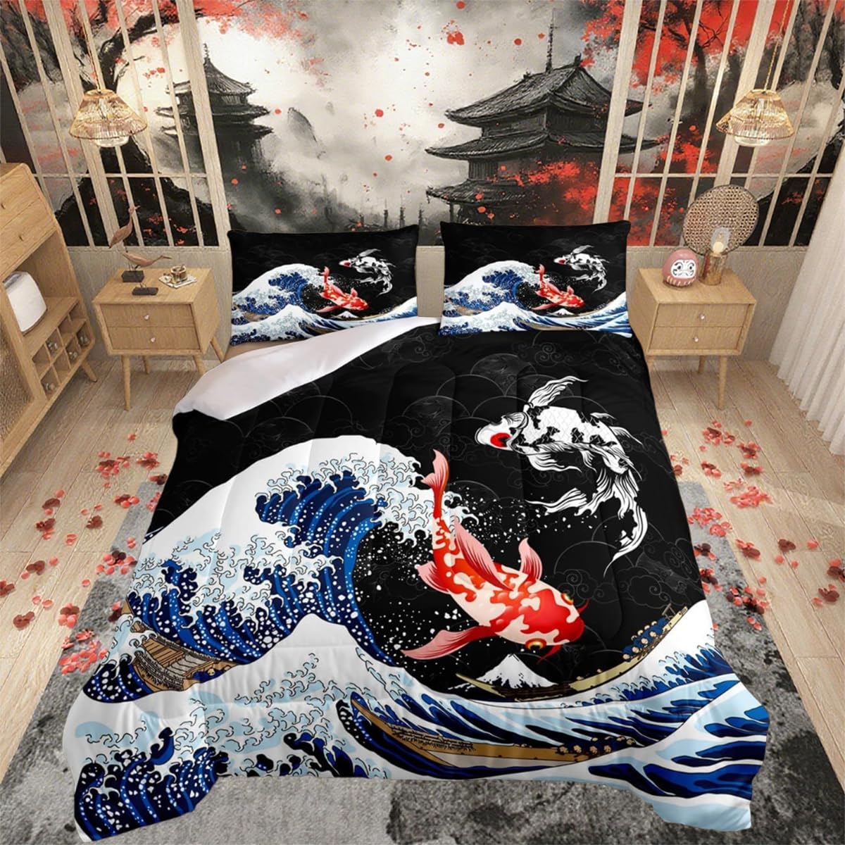 Loussiesd Japanese Ukiyoe Fish Down Duvet Set Ocean Surfing Koi Toddler Bedding Set Kids Boys Adult Japanese-Style Exotic Koi Animal Exotic Style Quilt Set 3Pcs Double Size