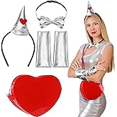 Newcotte 4 Pcs Halloween Tin Costume Kit for Woman Silver Metallic Gloves Bow Tie Silver Funnel Headband Red Heart Bag for Men Women Cosplay
