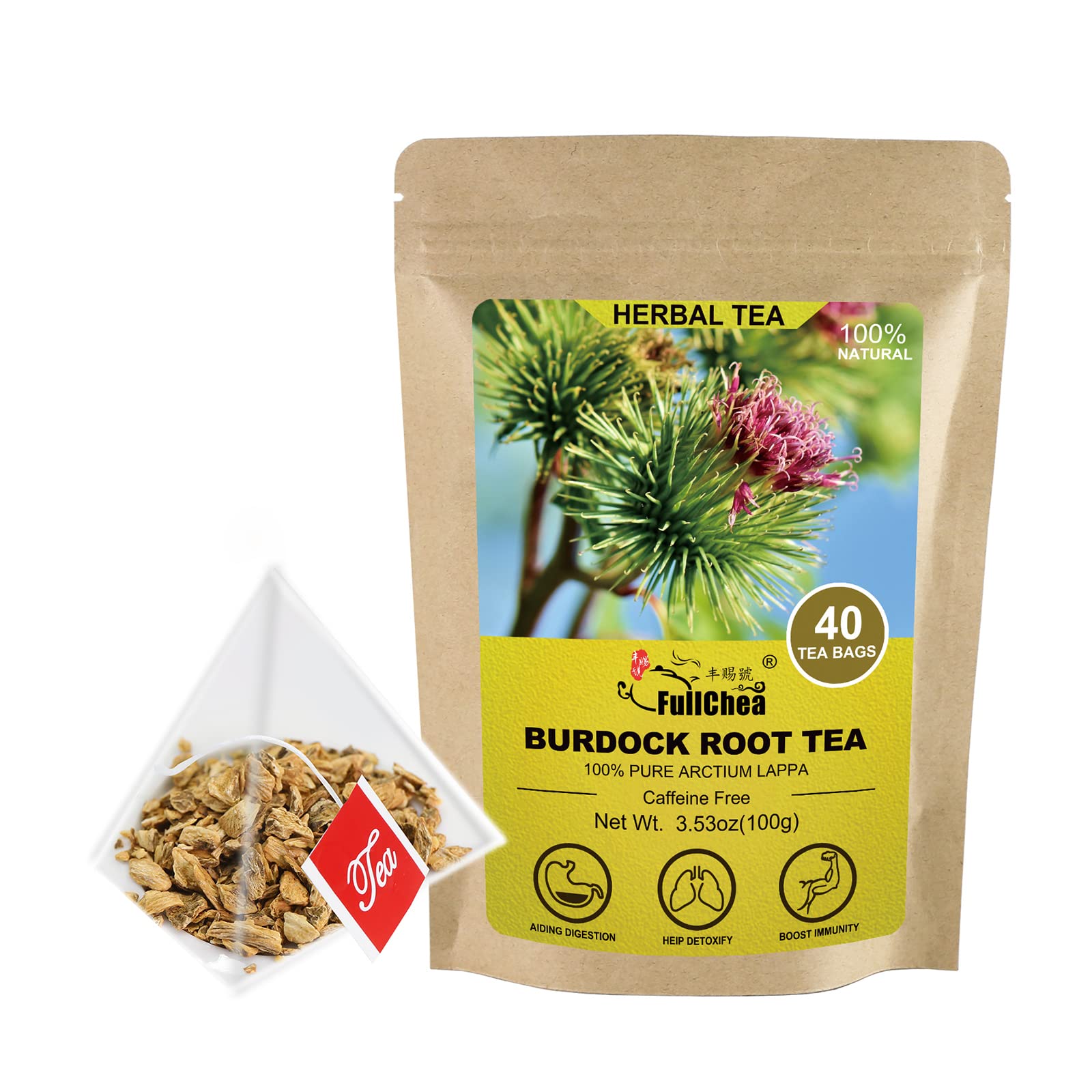 FullChea Burdock Root Tea Bags, 40 Teabags, 2.5g/bag - Premium Burdock Root - Non-GMO - Naturally Caffeine-free Herbal Tea - Aid in Digestion & Improving Liver Health