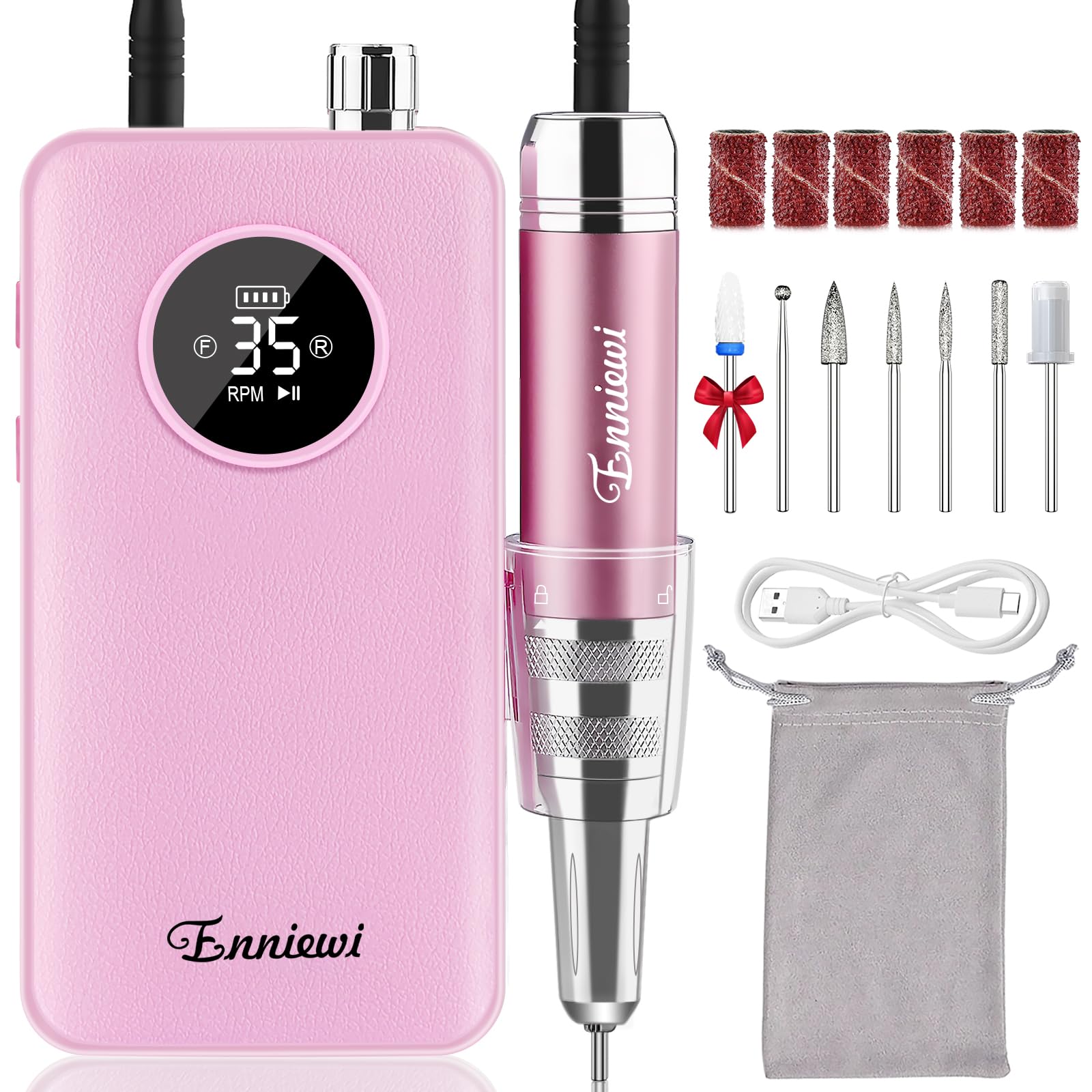 Enniewi Nail Drill 35000 RPM, Portable Electric Nail File for Acrylic and Gel Nails, Rechargeable Professional Nail Drill Machine, Cordless E File Manicure Pedicure Kit for Home Salon, Pink
