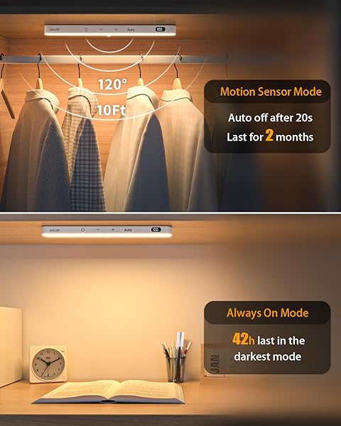 WILLED 3000K CLOSET LIGHTS MOTION SENSORED, BATTERY DISPLAY, 60 LED TOUCH LIGHT BAR, MOTION SENSOR LIGHT INDOOR, UNDER CABINET LIGHTS RECHARGEABLE, STICK ON LIGHT FOR CLOSET, KITCHEN, HALLWAY, 4 PACK