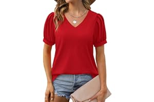 Geifa Womens Summer Tops Puff Short Sleeve V Neck T Shirts Loose Casual Tshirts